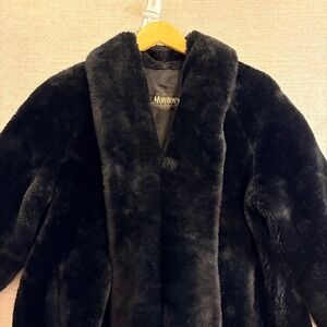 VINTAGE Monterey Fashions Black Faux Fur Coat Shawl Collar Jersey Diva Mob Wife